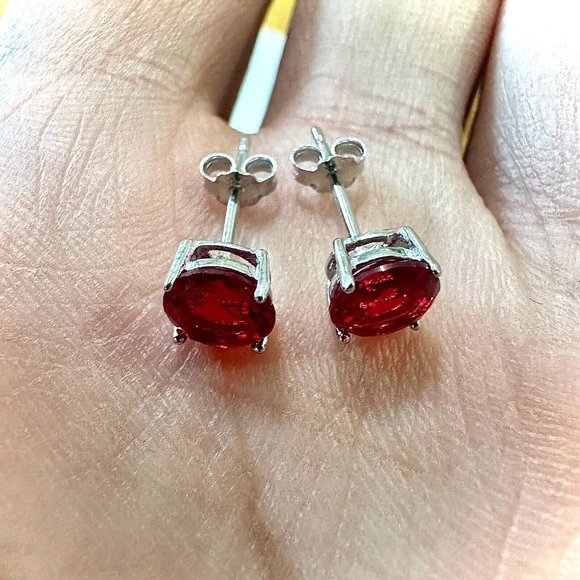 Red Ruby 925 Sterling Silver Stud Earrings for Women 6MM lab-created Ruby Studs - Picture 7 of 10